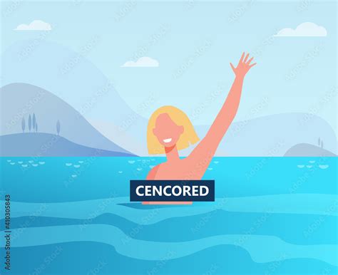 Happy Woman Enjoying Bathing In Sea Topless Censored Banner Nude Person Flat Vector