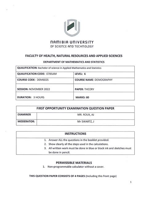 Dem S Demography St Opp Nov Nust Past Examination