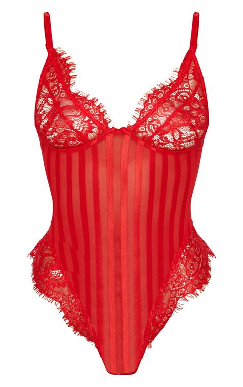 Red Striped Lace Bodysuit Prettylittlething Usa