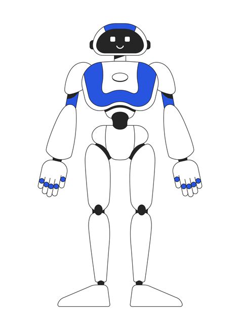 Standing humanoid robot with smile linear flat color vector character ...