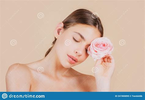 Beauty Spa Woman Face With Natural Make Up And Rose Flowers Fresh