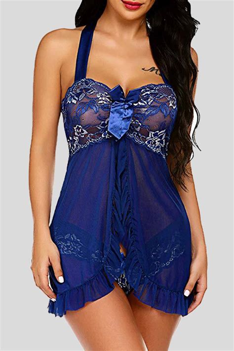 Wholesale Blue Sexy Lace Embroidered Patchwork With Bow Lingerie WS111581 4