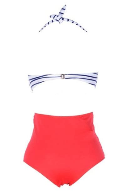 Vintage Style Stripes Bandage Bikini High Waist Padded Twisted Bandeau Swimwear Swimsuit Bathing