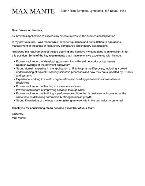 Business Head Cover Letter Velvet Jobs