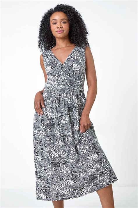 Black Petite Paisley Print Stretch Midi Dress Roman UK