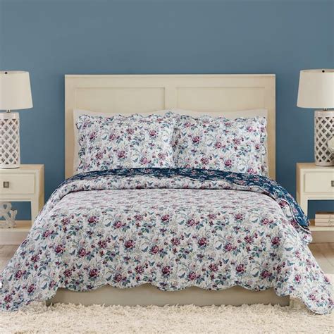 Vera Bradley Rose Toile Scalloped 3 Piece Gray Fullqueen Quilt Set A129a22whnds The Home Depot