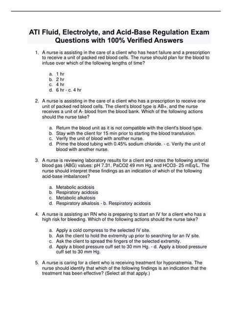 Ati Fluid Electrolyte And Acid Base Regulation Exam Questions With