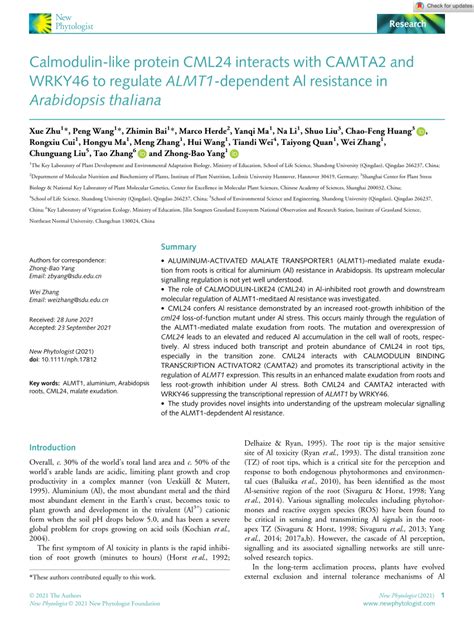 Pdf Calmodulin‐like Protein Cml24 Interacts With Camta2 And Wrky46 To Regulate Almt1‐dependent