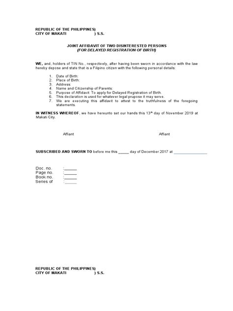 Affidavit Of 2 Disinterestd Persons Late Registration Of Birth Pdf