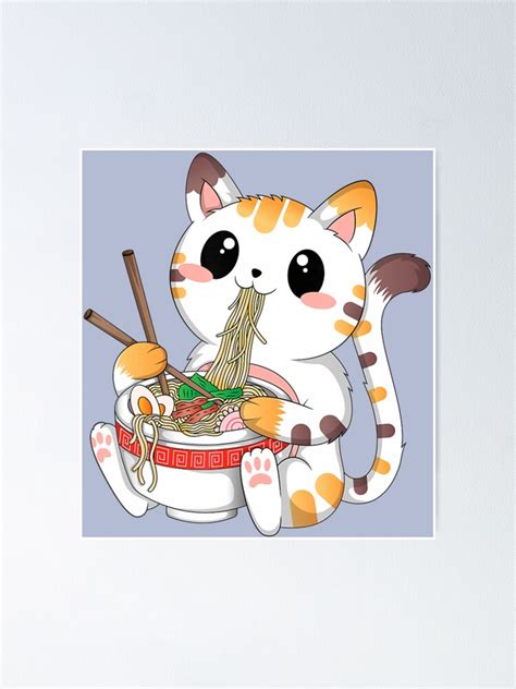 Cute Kawaii Cat Ramen Noodles Anime Neko Japanese Aesthetic Poster