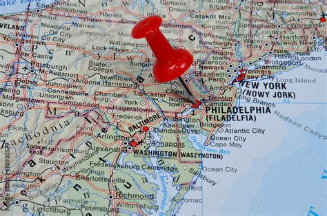 Red pin pointing on Philadelphia on USA map in atlas Stock Photo ...