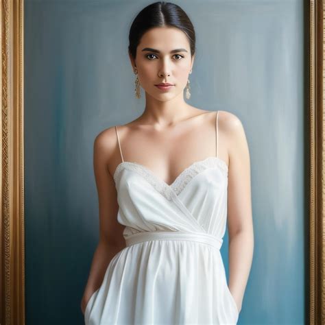 Premium AI Image A Woman In A White Dress Stands In Front Of A Gold