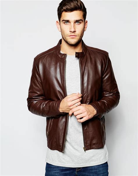 Asos Leather Racing Biker Jacket In Brown in Brown for Men | Lyst