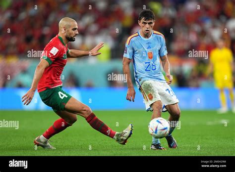 Pedro Gonzalez Pedri Of Spain And Sofyan Amrabat Of Morocco During The