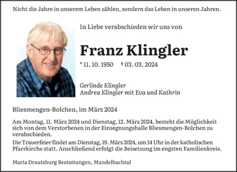 Traueranzeigen Von Franz Klingler Saarbruecker Zeitung Trauer De