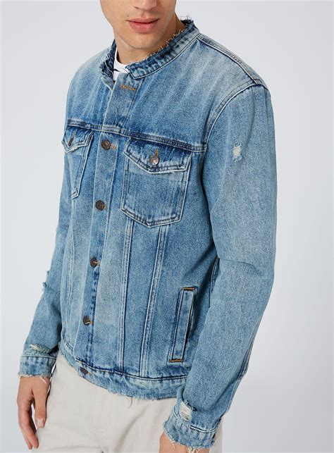 Topman Blue Collarless Denim Jacket For Men Lyst