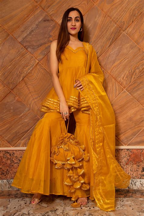 Buy Yellow Organza Embroidery Gota Sweetheart Neck Murat Top Sharara