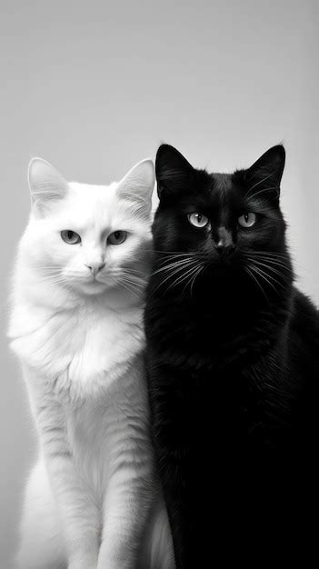 A Black And White Photography Of A Black Cat And A White Cat Premium