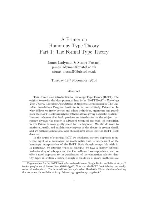 (PDF) A Primer on Homotopy Type Theory Part 1: The Formal Type Theory