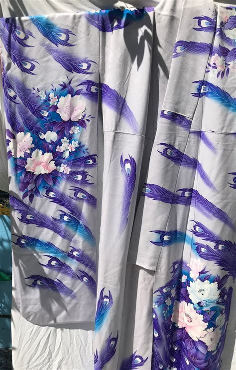 Japanese Genuine Lavender Kimono Printed W Sweeping Purple Etsy