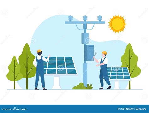 Solar Energy Installation Panel Or Wind Turbine Maintenance Illustration With Home Service Team