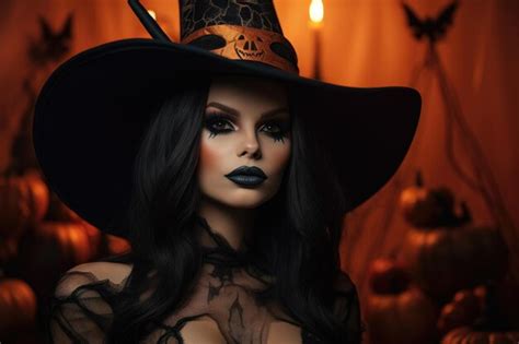 Premium AI Image Woman Wearing Witch Hat For Halloween Party On Red