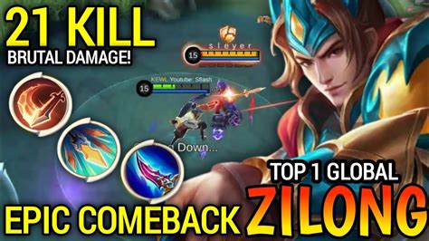 21 Kill Epic Comeback ZILONG BRUTAL DAMAGE ZILONG BEST BUILD 2022