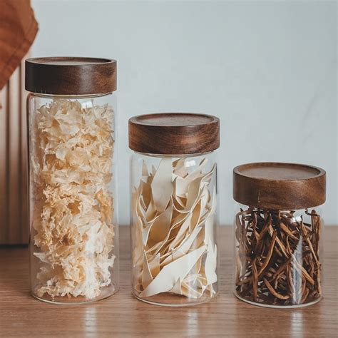 Thread Type Borosilicate Glass Storage Jars With Airtight Acacia Wooden