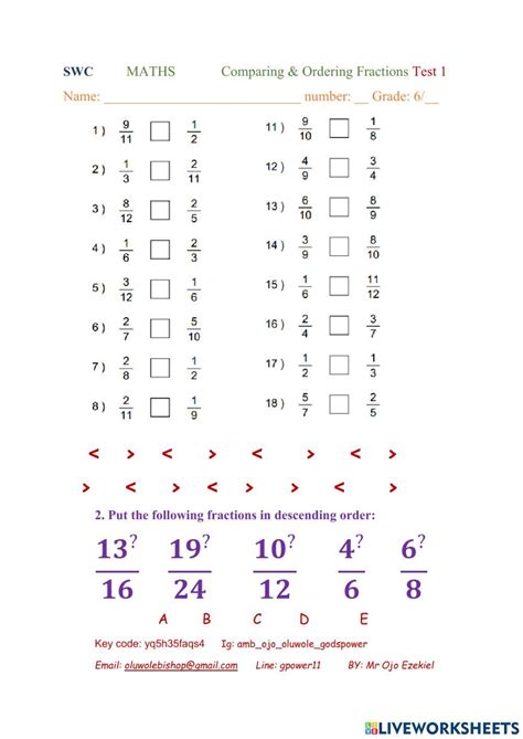 Comparing And Ordering Fractions Grade 6 Worksheet Live Worksheets