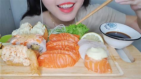 Asmr Salmon Sashimi White Tuna Salmon Mayo Tempura Prawn Potato Sushi Mukbang Eating