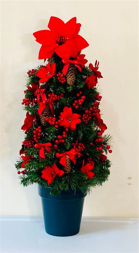 Pre Lit Red Poinsettia Topiary Ft Decorated Christmas Tree Etsy