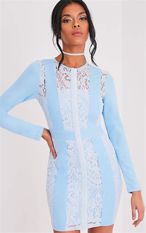 Issie Powder Blue Long Sleeve Lace Panel Bodycon Dress Dresses