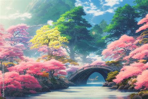 Japan Anime Scenery Wallpaper Featuring Beautiful Pink Cherry Trees And Mount Fuji In The