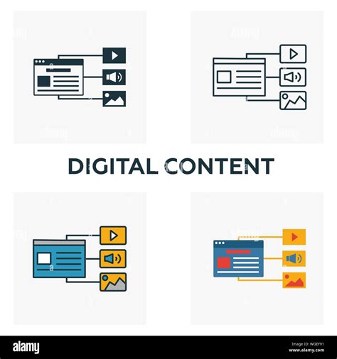 Icono De Contenido Digital Cuatro Elementos De Diferentes Estilos De