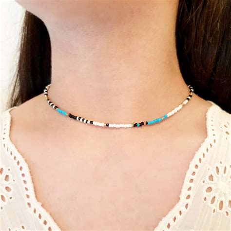 Turquoise Beaded Choker Gold Choker Necklace White Seed Bead Etsy