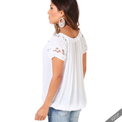 Womens Off Shoulder Mesh Neck Gypsy Blouse Baggy Boho Summer Top Loose