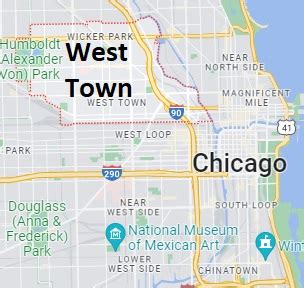 Satellite map of West Town, Chicago, IL. Streets and houses of West Town on satellite images