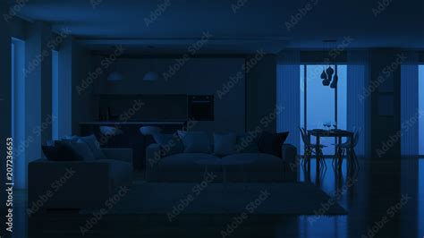 Modern house interior. Evening lighting. Night. 3D rendering. Stock ...