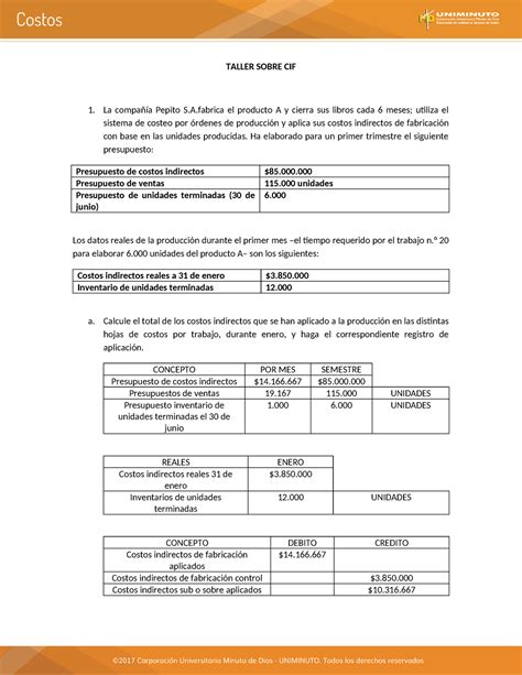 Taller Cif Grupo Informe De Costos Taller Sobre Cif La Compa A