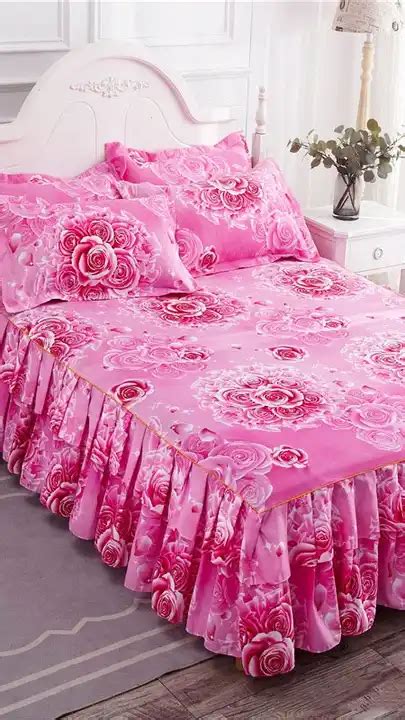 Bed Skirts Set Double Layer Bedspread Floral Printed Bed Sheet