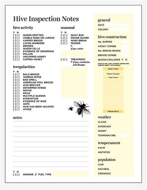 Honeybee Hive Health Record Beehive Inspection Notes For