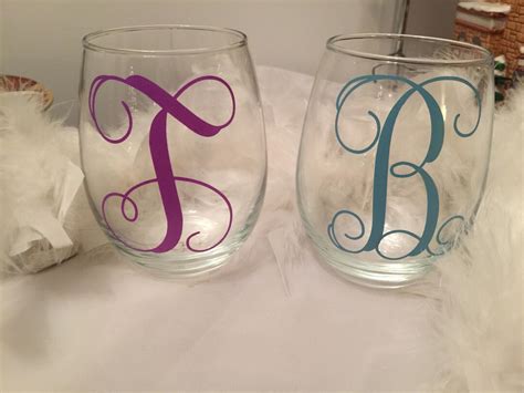 Monogram Stemless Wine Glass Wine Glass Vine Lettering Wedding T