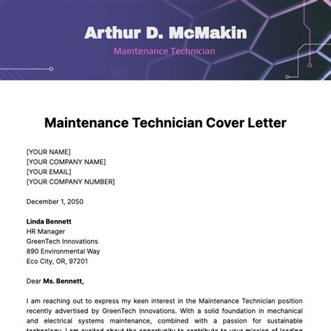 Free Maintenance Technician Cover Letter Template To Edit Online
