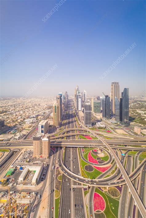 Aerial view of skyscrapers and roads, Dubai, UAE - Stock Image - F039 ...