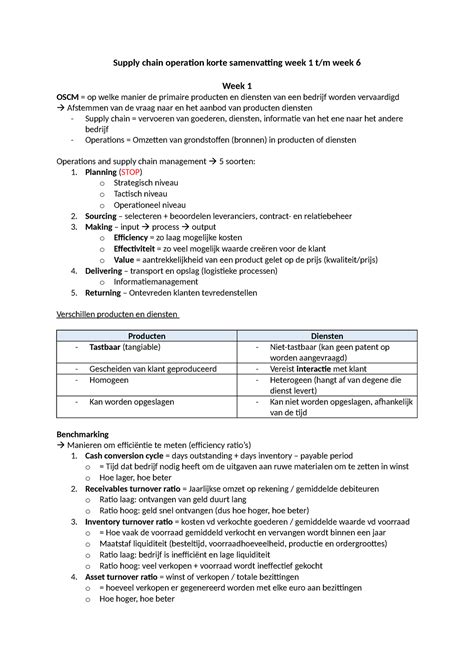 SCO Korte Sv Eindtentamen Supply Chain Operation Korte Samenvatting