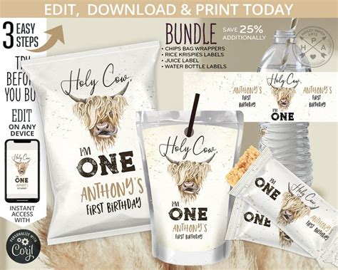 Bundle Holy Cow Im One Highland Cow Chips Bag Rice Krispies Water Bottle Juice Labels Party