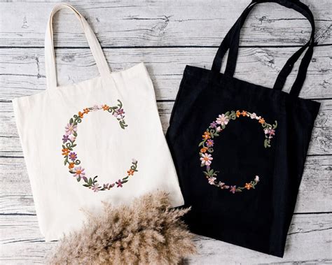Name Letter Tote Bag C Letter Floral Name Tote Bag Floral Letter Tote
