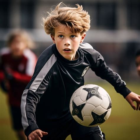 Joven Futbolista Durante El Partido Con Pelota Foto Gratis