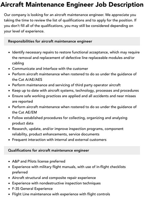 Aircraft Maintenance Engineer Job Description Velvet Jobs