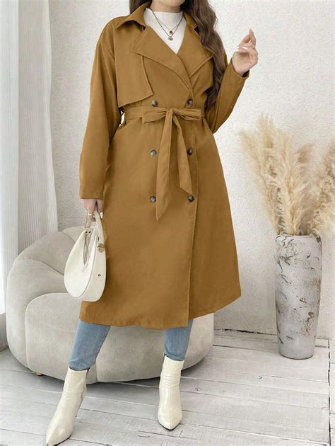 SHEIN Essnce Plus Lapel Neck Double Breasted Belted Trench Coat SHEIN USA